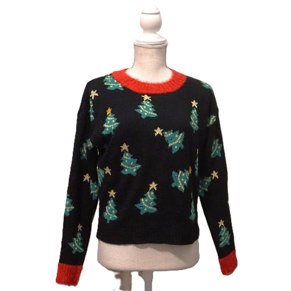 Major Label Black Christmas Holiday Sweater with Christmas Trees Women’s Small